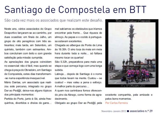 Notícia da viagem do Dar ao Ped@L a Santiago de Compostela, publicada na revista Associativo nº. 29 de Novembro/Janeiro 2012
